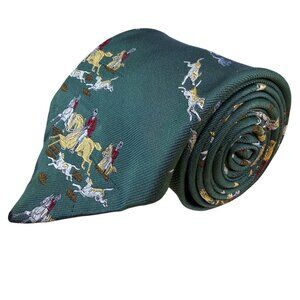 Britches Mens Green Silk Jockey Horse Riding Scene Neck Tie Approx. 57.5" Long
